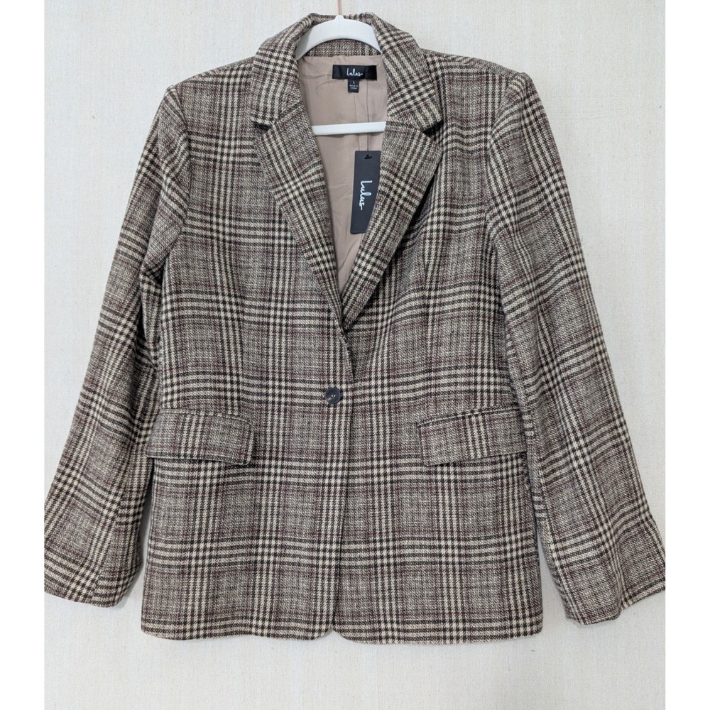 Lulus Plaid Blazer Womens Large Brown Tan Check Dark Academia Professional New